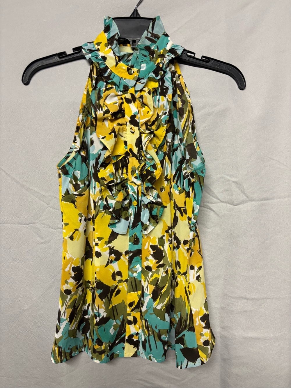 The Limited Ruffled High-Neck Floral Tank Top in Yellow & Teal